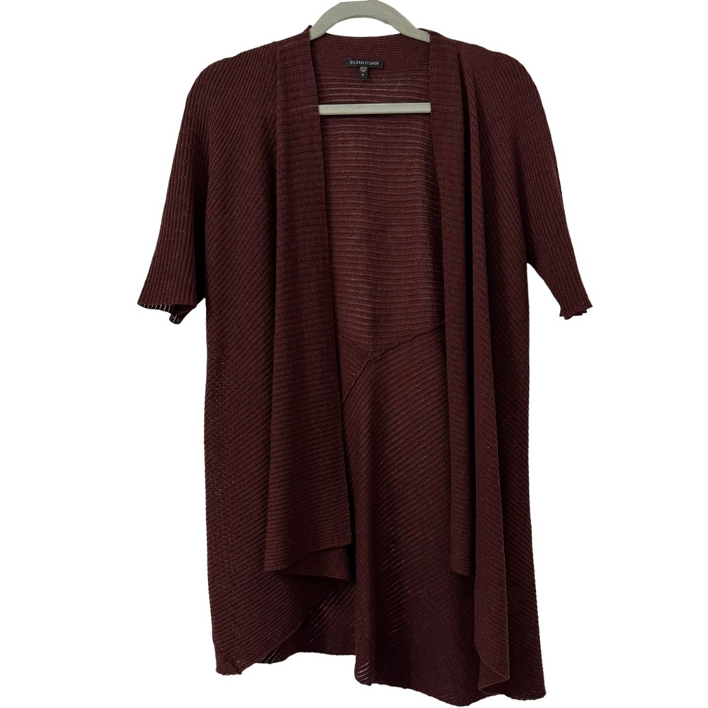 Eileen Fisher Women’s Open Front Ribbed‎ Cardigan 100% Wool Maroon Size XL